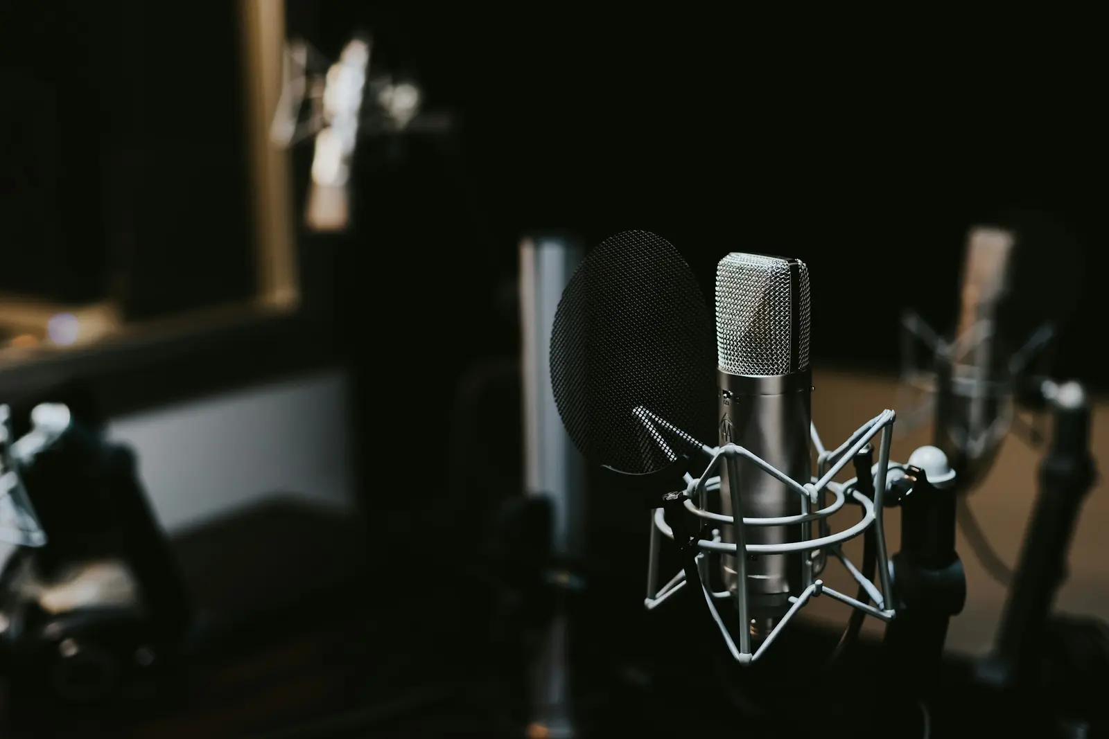A studio microphone in a dark vocal booth