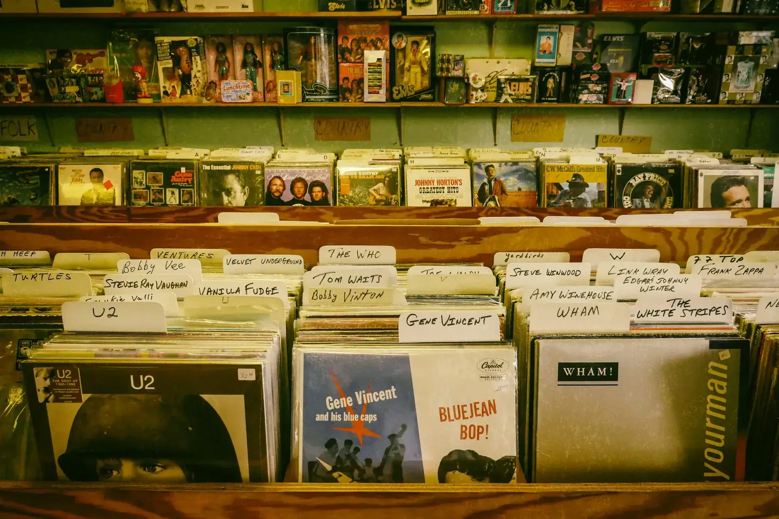Vinyl records in the bins of a record store